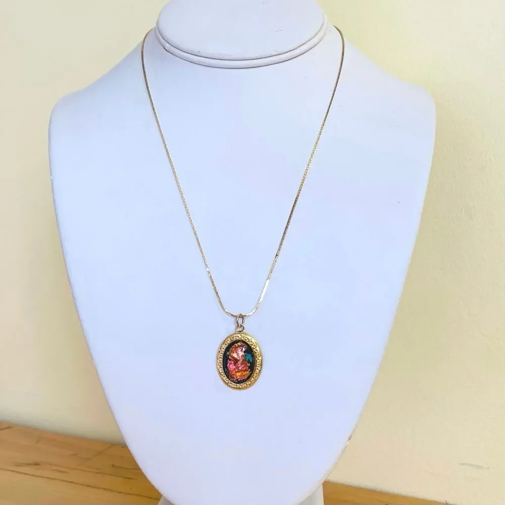 Necklace Pendant Vtg Foil Art Domed Rainbow Flake Victorian Style Ornate - Picture 3 of 12